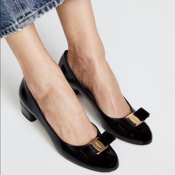 Salvatore Ferragamo Shoes - Salvatore Ferragamo Vara Leather Bow Pumps Low Chunky Block Heels Updated Fit